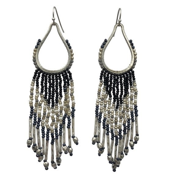 Black Silver Grey Seed Bead Long Tassel Handmade Statement Dangle Earrings - Picture 1 of 3